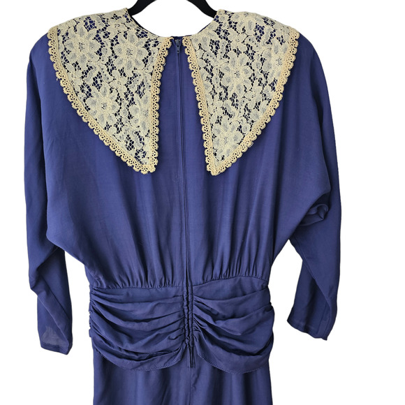 Vintage 80s Nina Piccalino Dress navy dolman statement lace collar junior 5/6 - Picture 5 of 11
